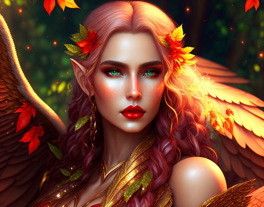 Fantasy digital art of female character with red hair, pointed ears, green eyes, and golden wings