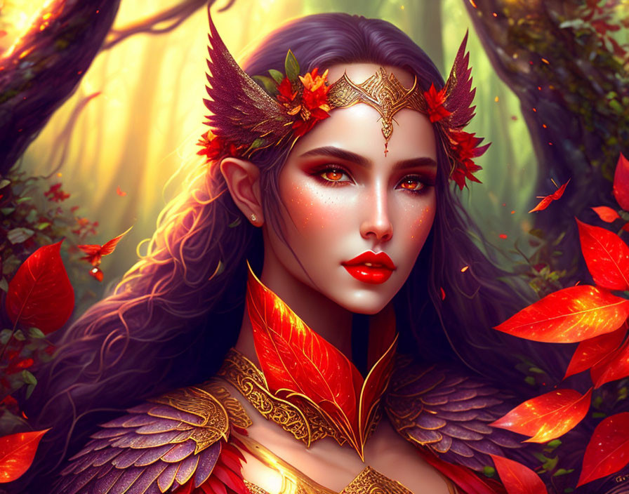 Illustrated elven woman with leaf-like ear adornments in golden forest setting