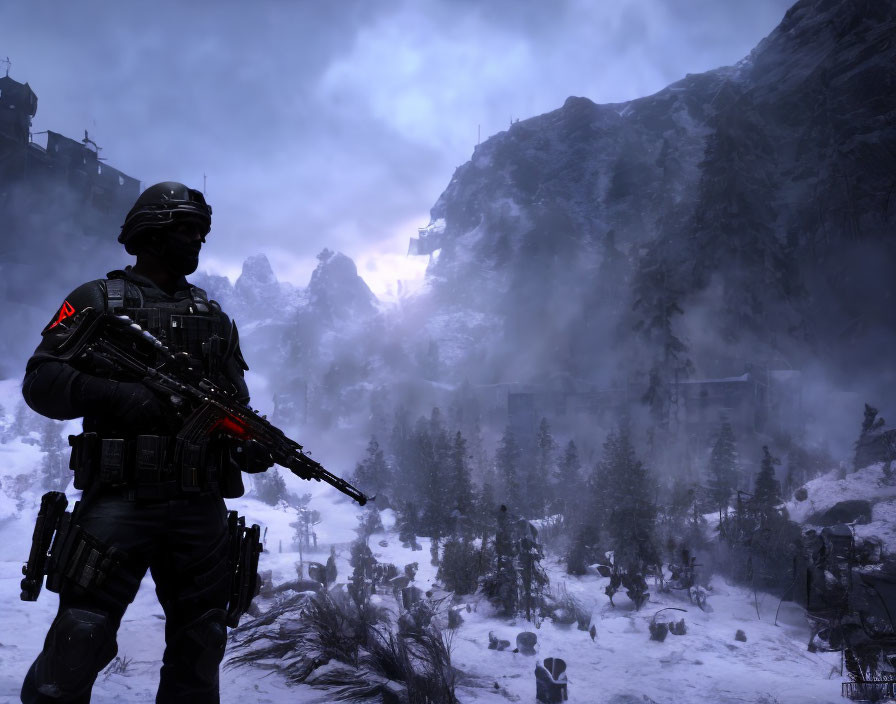 Silhouette of soldier with rifle in snowy mountain scene