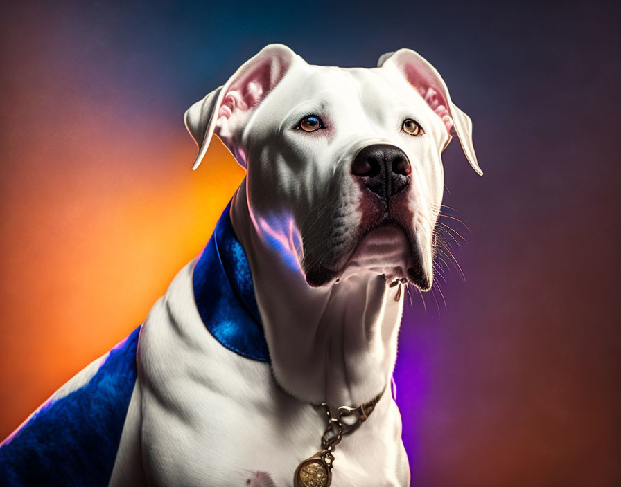 Muscular white dog in blue collar on vibrant background