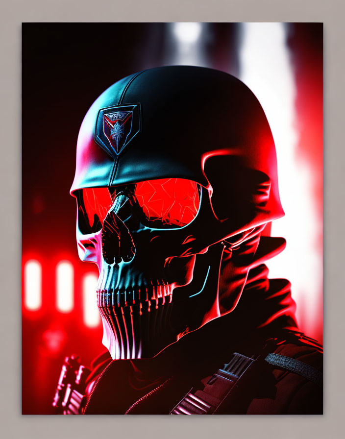 Skull-faced figure in tactical helmet with red visor on red and white background