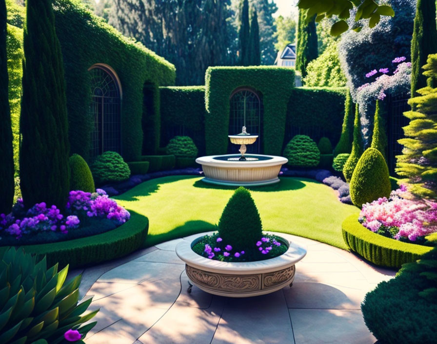 Symmetrical manicured garden with fountain and sculpted hedges