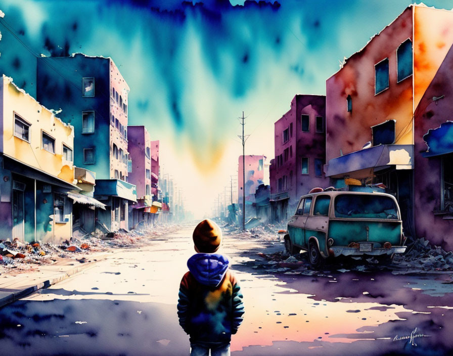 Child standing in desolate urban landscape under dramatic sky