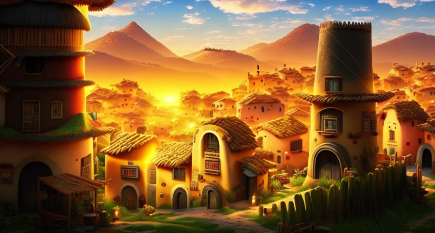 Vibrant sunset-lit village with rounded buildings and golden ambiance.