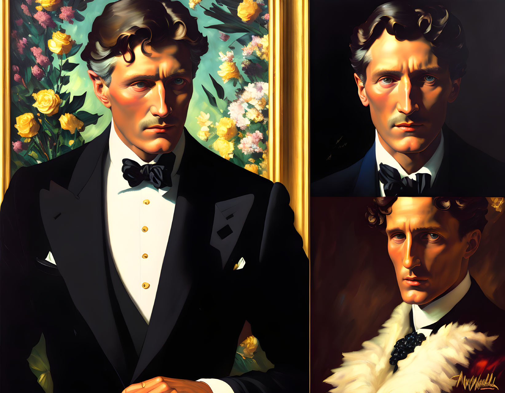 Stylized portrait of a man in tuxedo with multiple views on floral backdrop