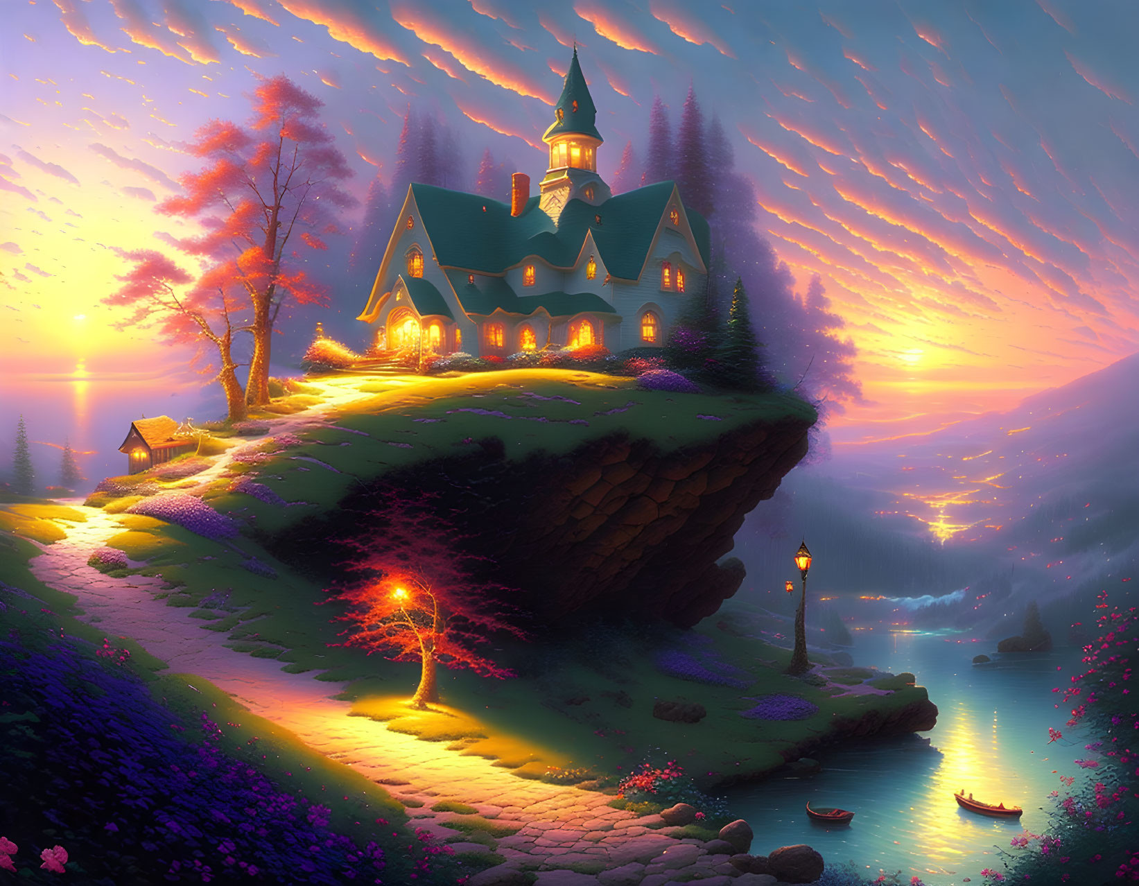 Fantasy sunset landscape with whimsical cliff-top cottage and vibrant flora