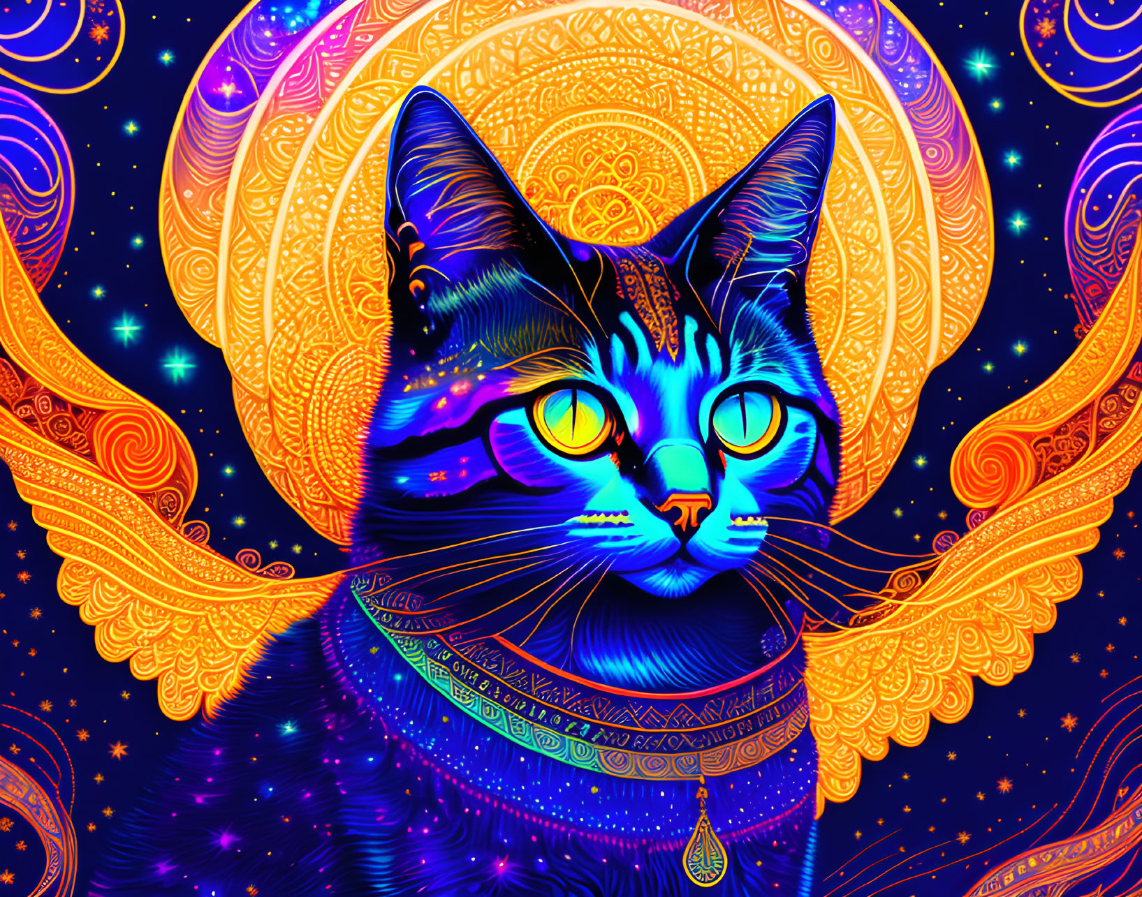 Colorful cat illustration with mandala patterns on starry backdrop