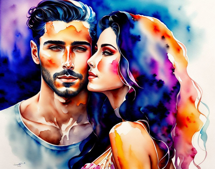 Colorful Watercolor Illustration of Man and Woman Embracing