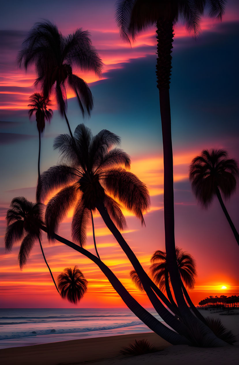 Palm trees silhouetted against vibrant sunset beachscape