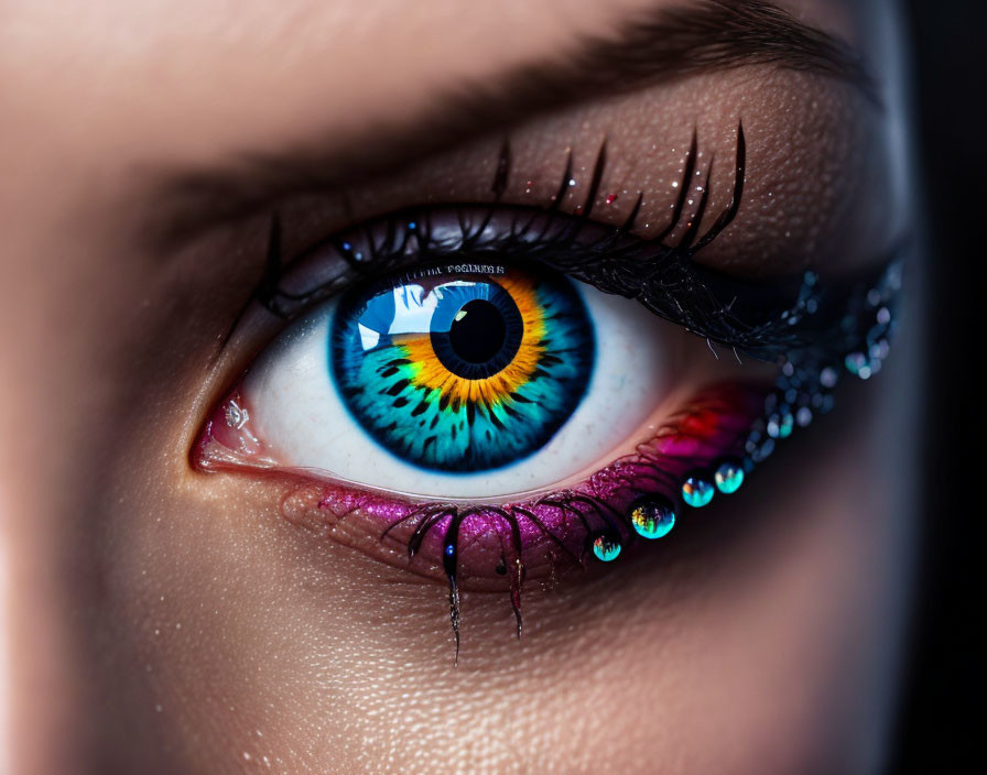 Detailed Close-up of Blue and Yellow Iris with Eyeliner and Gems