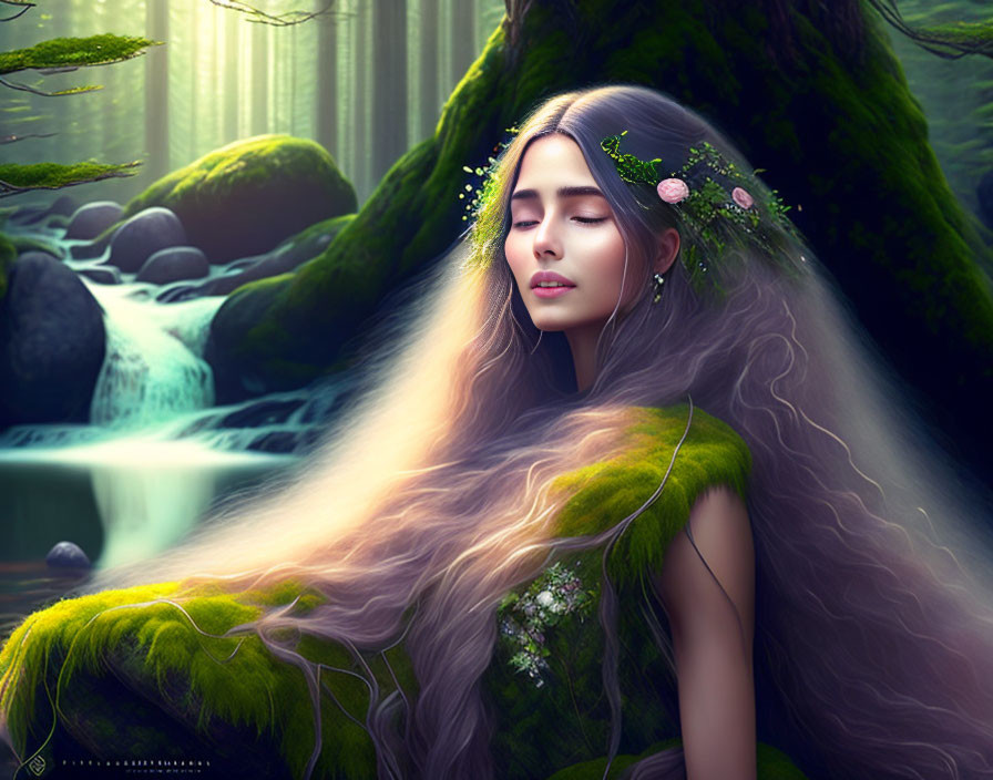 Woman with long hair and flowers sitting by waterfall in moss-covered forest