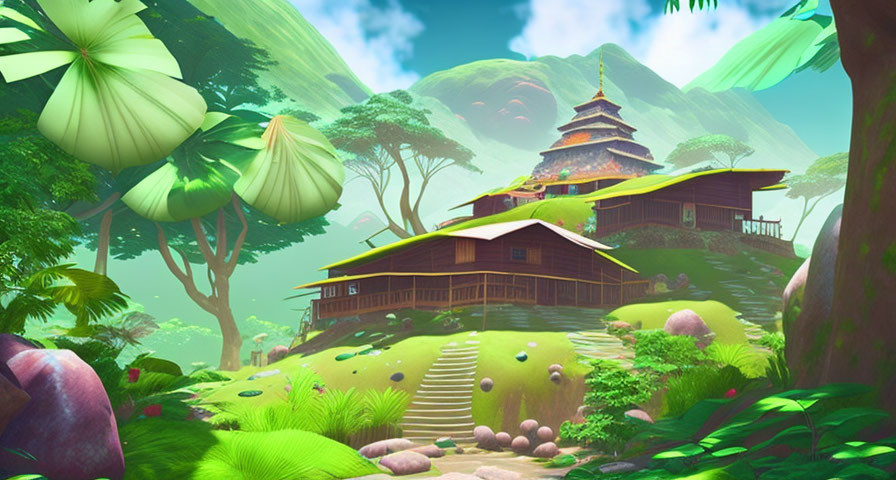 Colorful Asian-inspired landscape with pagoda and lush greenery