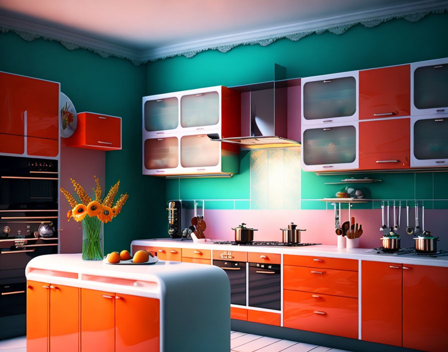 Colorful Retro-Style Kitchen with Orange and Teal Decor