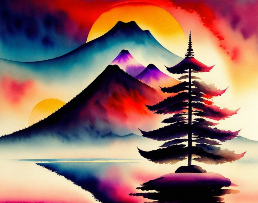 Colorful Watercolor Painting of Mountain Landscape with Pagoda-Style Tree and Sun