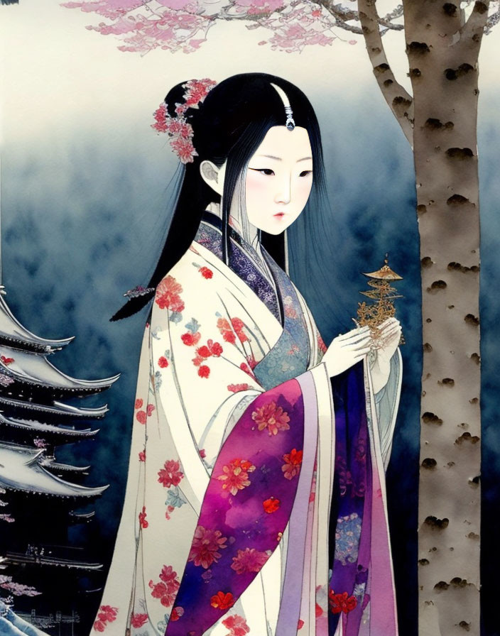 Traditional East Asian Style Painting of Woman in Colorful Robes with Cherry Blossoms and Pagoda