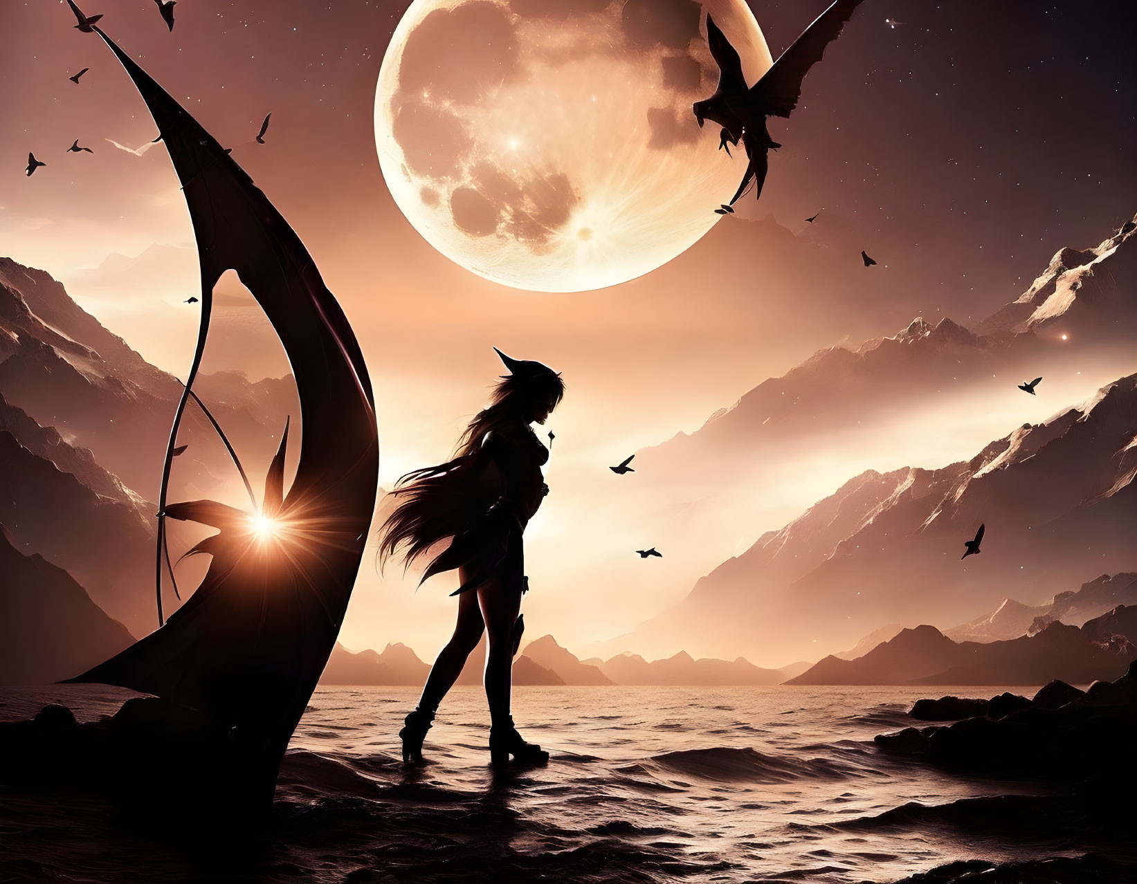 Silhouette of girl by sea at dusk with dragons, birds, moon, mountains, and sunset