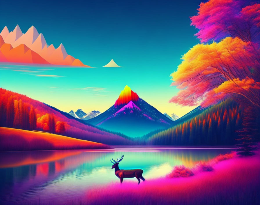 Surreal landscape with stag, neon trees, and twilight sky
