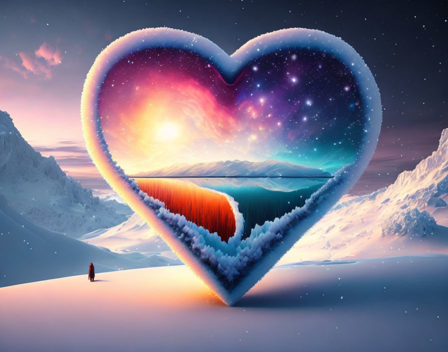 Person standing before giant heart-shaped portal with cosmic scene, auroras, ocean, mountains, snowy landscape