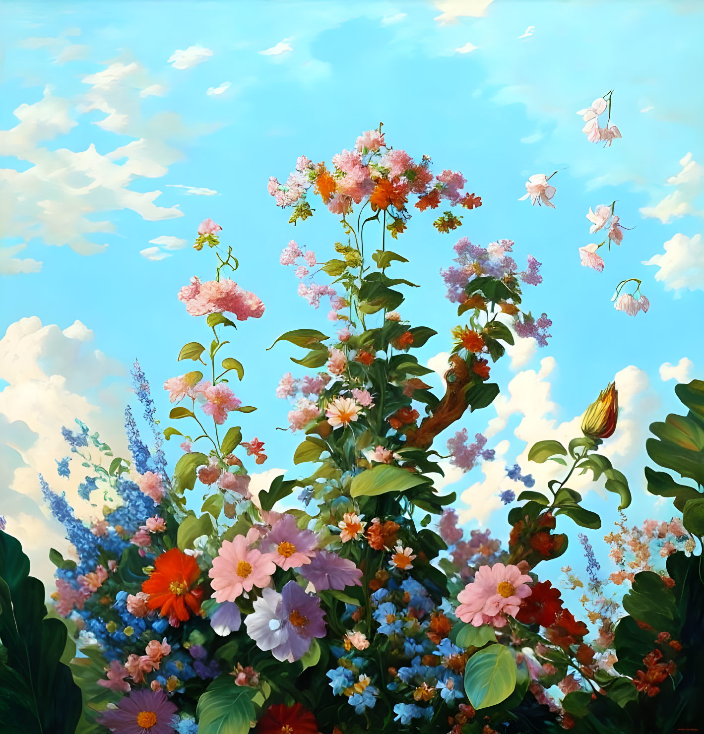 Colorful flower garden with butterflies under blue sky