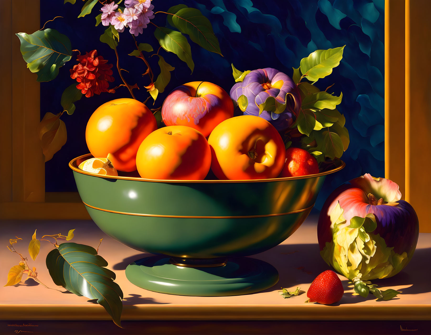 Colorful still-life painting of ripe fruit in a bowl on dark background