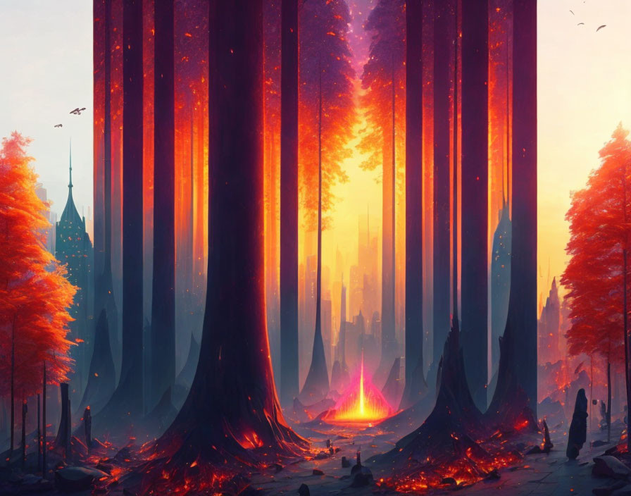 Majestic fantasy forest with towering trees and warm sun glow