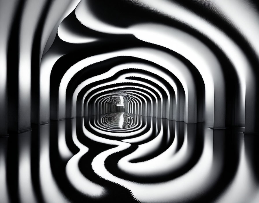 Monochrome optical illusion: Hypnotic tunnel with wavy patterns