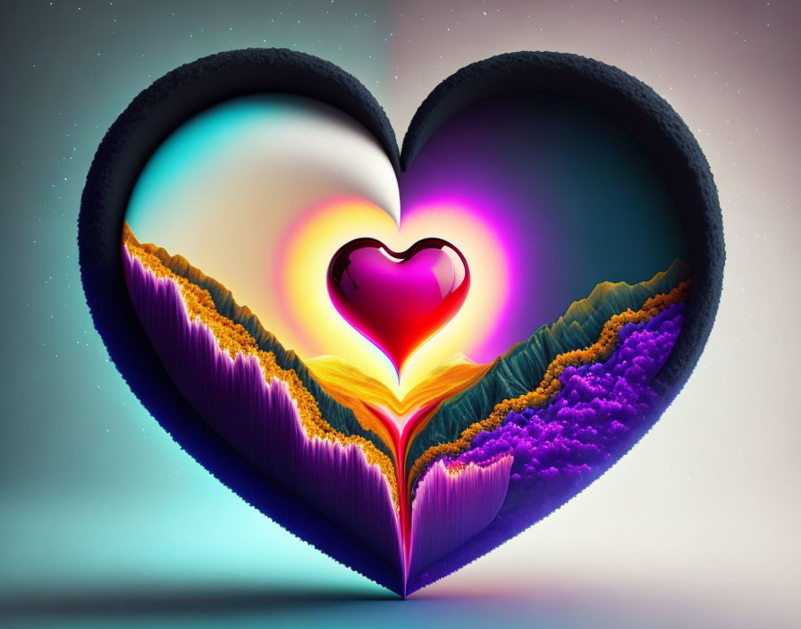 Colorful Heart-Shaped Landscape with Cosmic Background