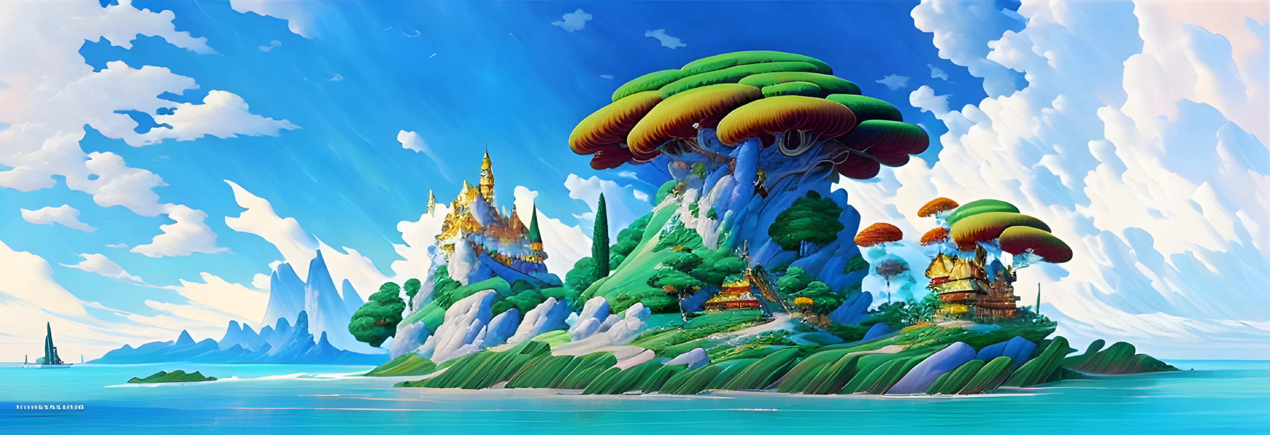 Fantasy landscape with oversized mushrooms, castle, greenery, boats, blue skies, and clouds.