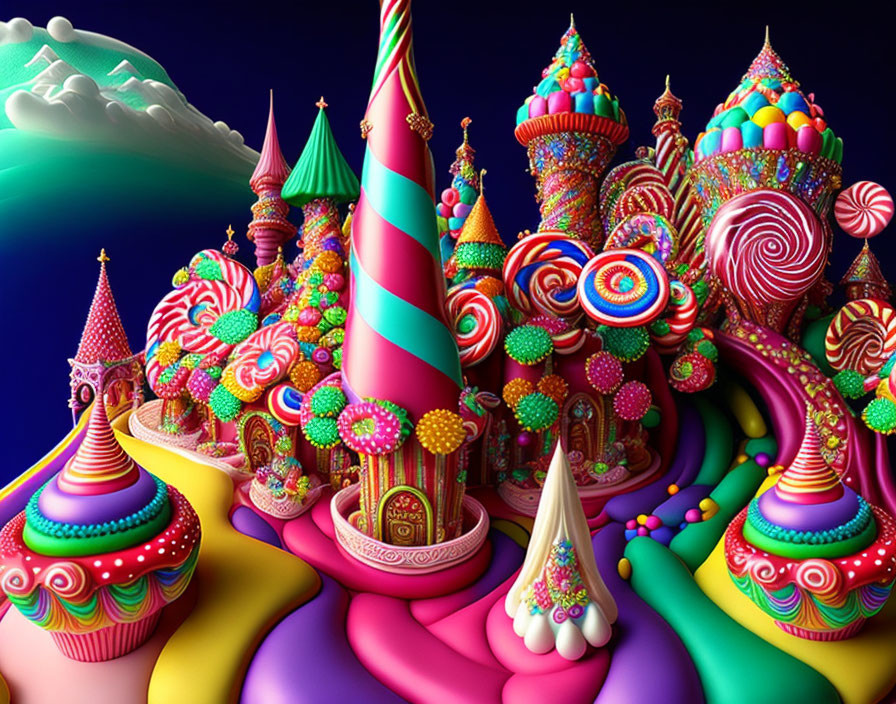 Whimsical candy-like towers in colorful landscape