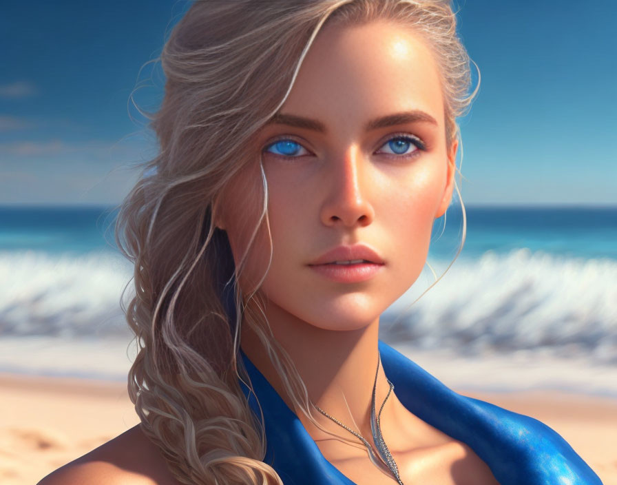 Digital art portrait: Woman with blue eyes, blonde hair, blue scarf, beach backdrop