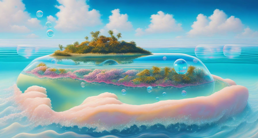 Surreal landscape with floating islands in transparent bubbles