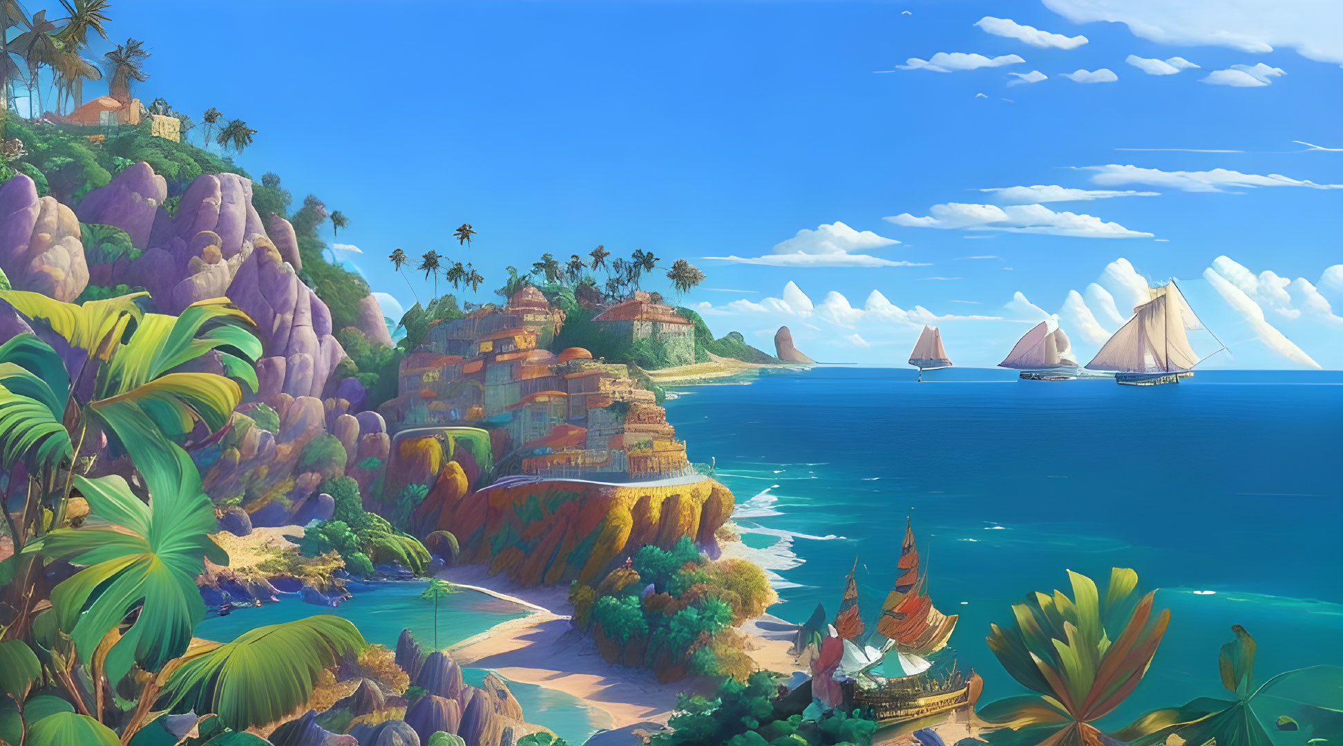 Tropical coastline with greenery, cliffs, beaches, sailboats, and exotic buildings