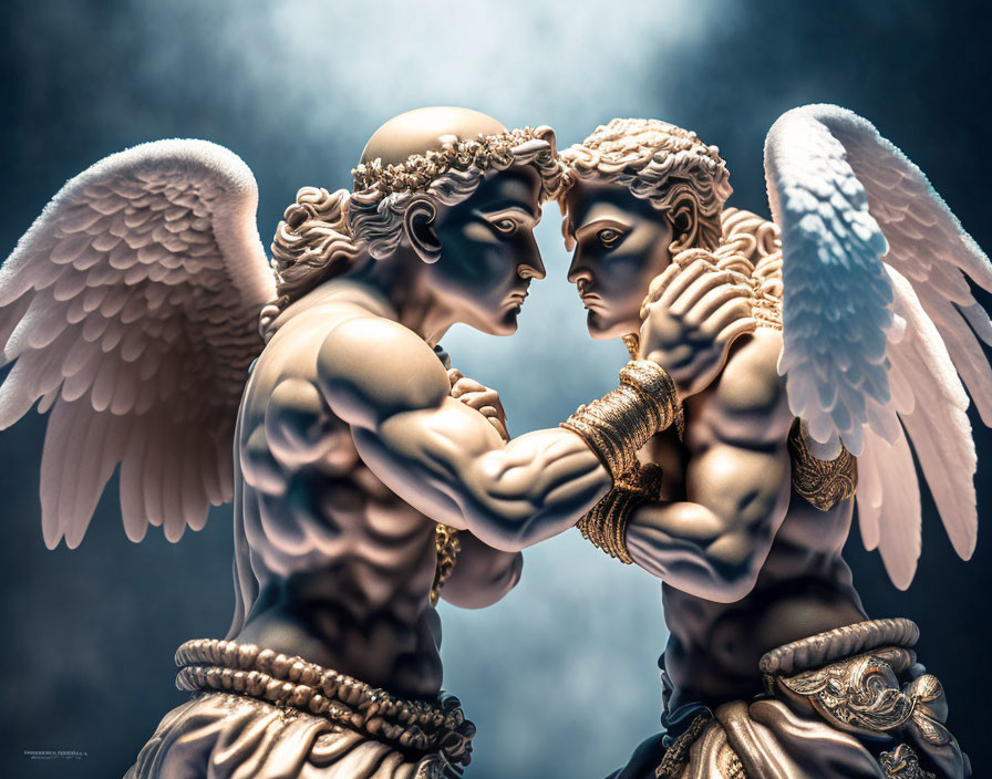 Intricately detailed statues with angel wings in confrontational pose