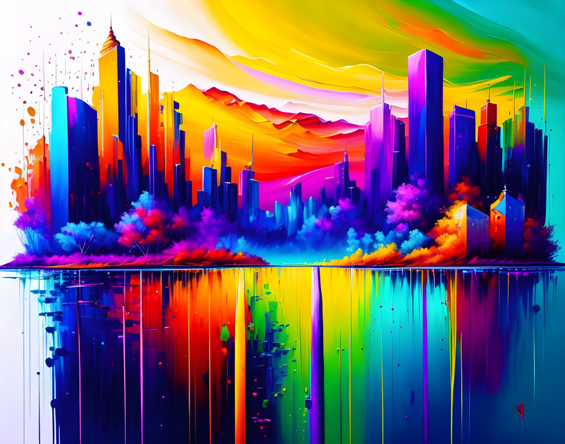 Colorful Abstract Cityscape with Water Reflection and Whimsical Skyline