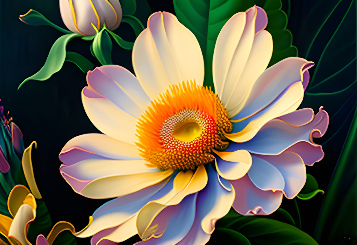 Colorful digital painting of large flower with yellow and purple petals on dark backdrop