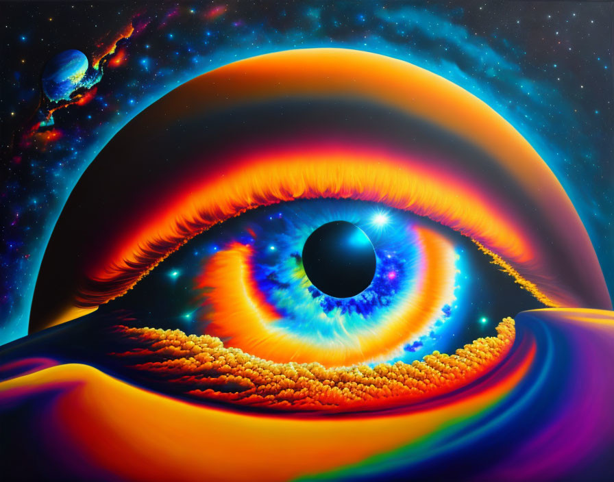 Colorful cosmic eye painting with starry universe, nebulae, planet, and psychedelic patterns