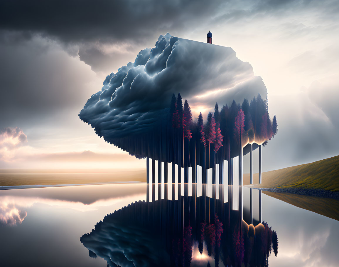 Surreal landscape: cloud over water, forest, lighthouse reflected.