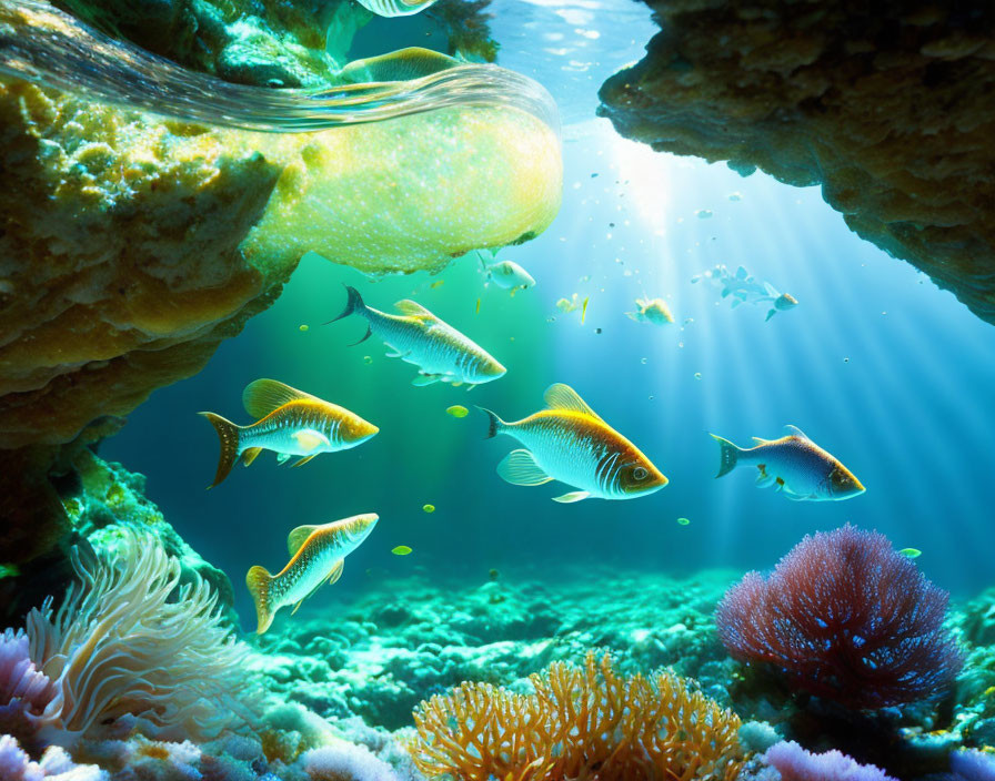 Vibrant underwater scene with colorful fish and coral formations