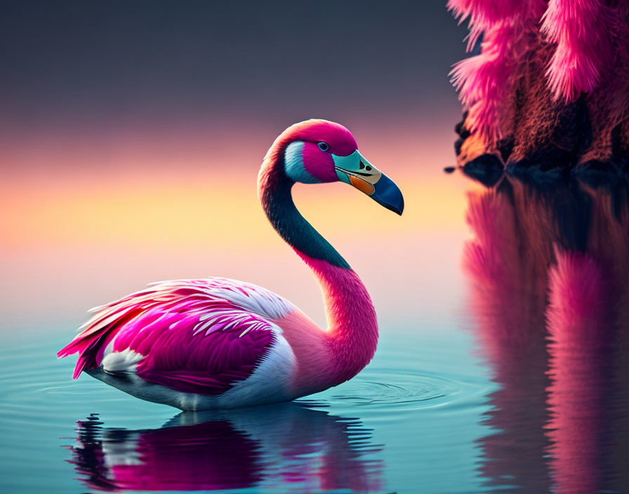 Pink flamingo standing in tranquil water with soft pink hues in background