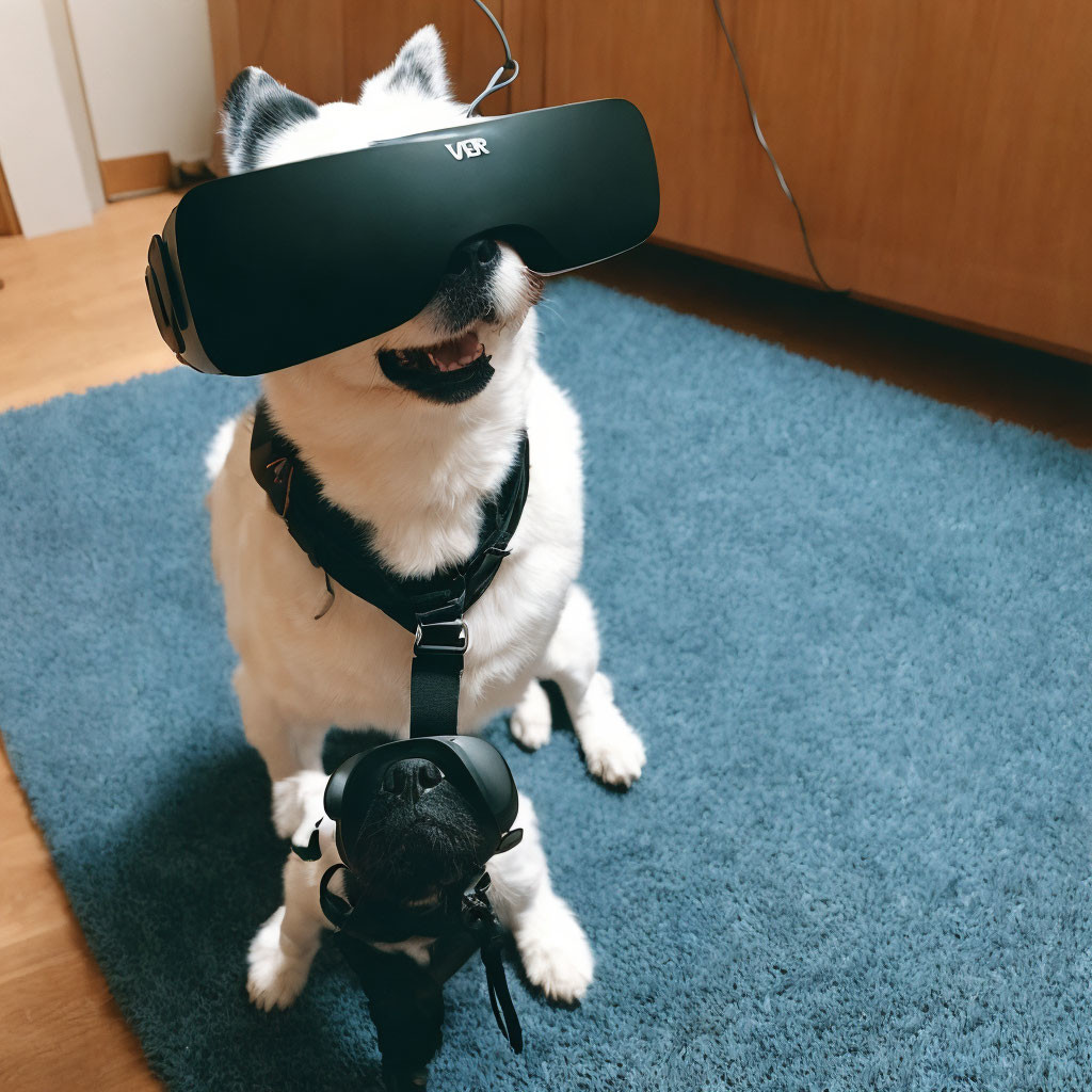 Two dogs in VR headsets on blue carpet, one holding other in harness