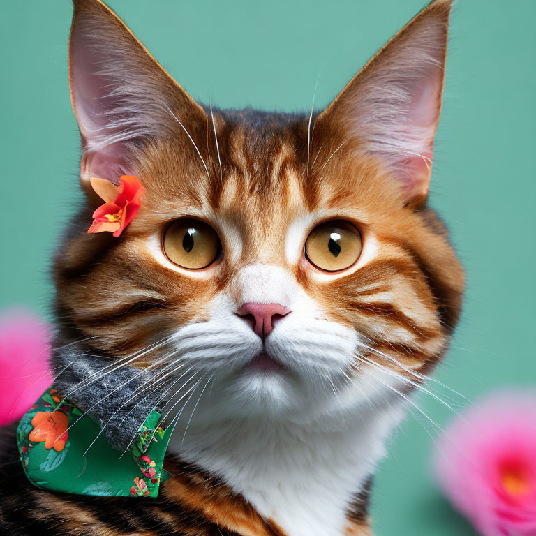 Orange and White Striped Cat with Green Collar and Flower Detail