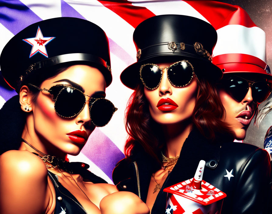 Stylized women posing with sunglasses and hats against American flag backdrop