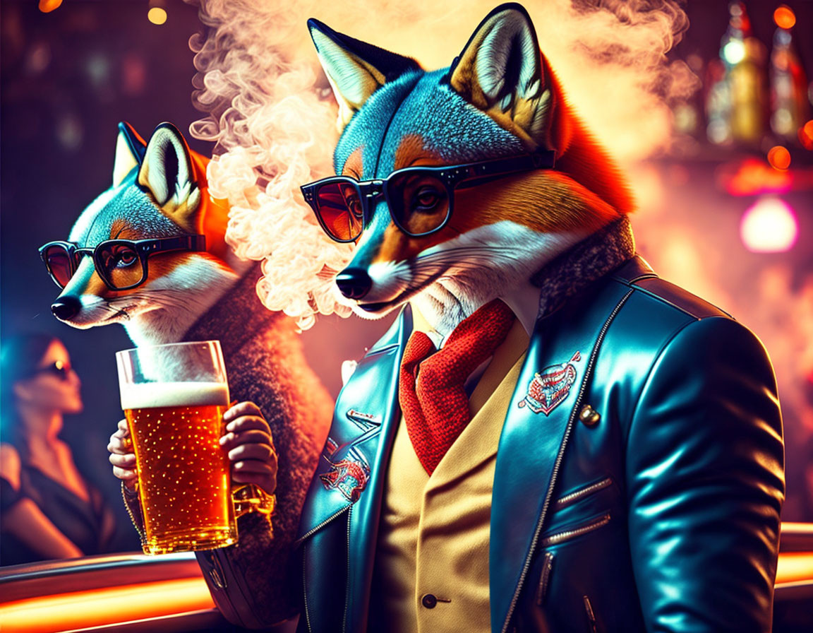 Anthropomorphic foxes in stylish outfits at a bar with neon lights