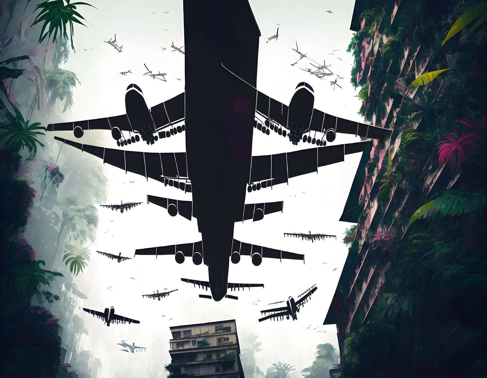 Airplane in forested area with aircraft silhouettes and dilapidated buildings against misty backdrop