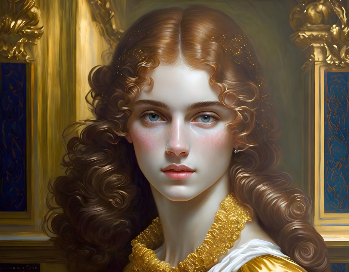 Portrait of a young woman with curly auburn hair and blue eyes in gold ruffled dress.