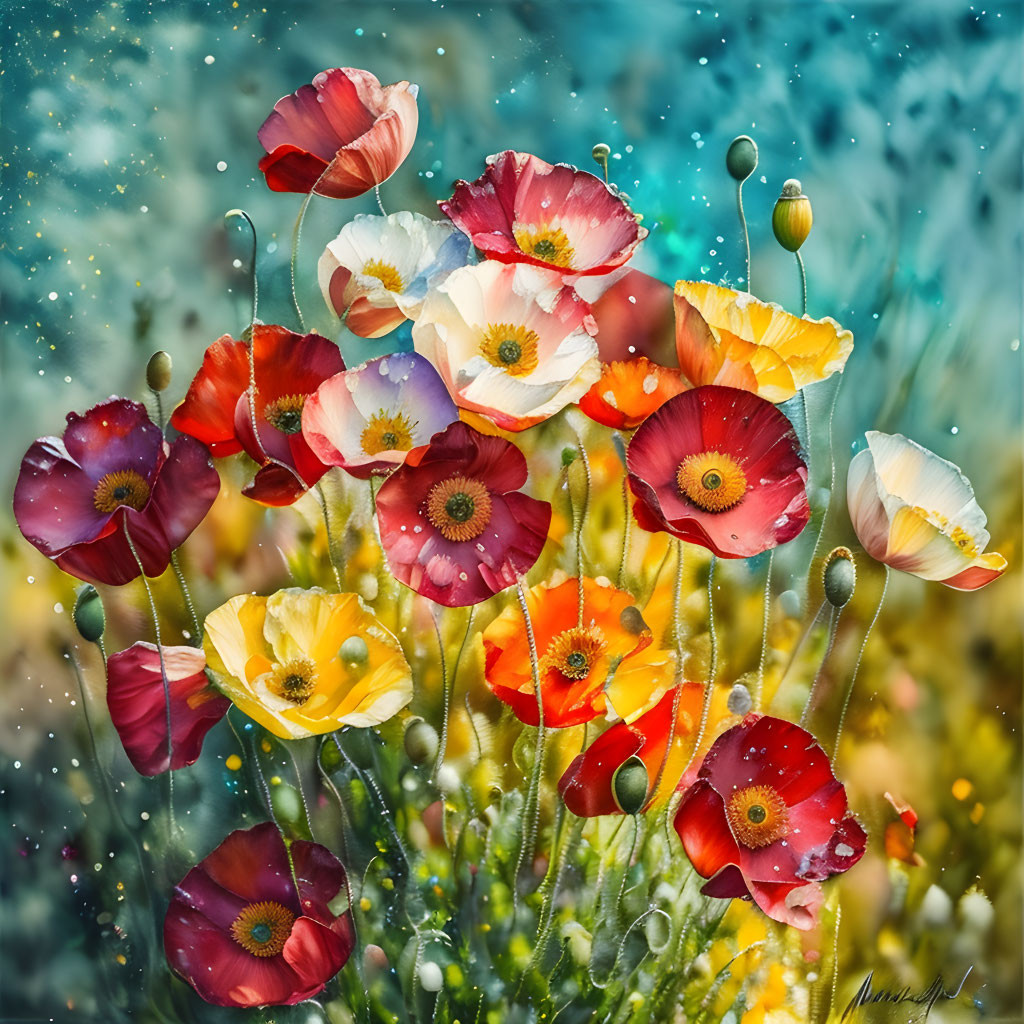 Colorful Poppy Flowers on Glittering Bokeh Background