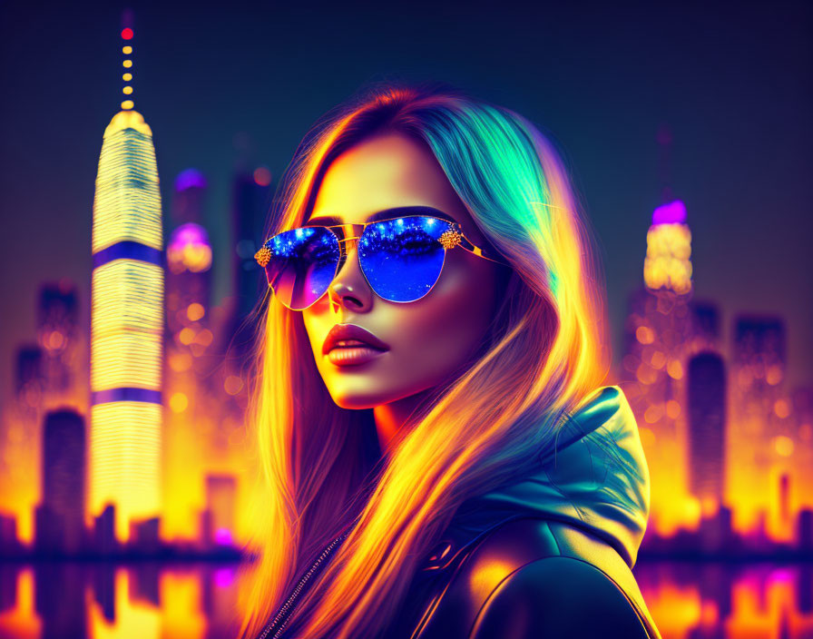 Woman with Sunglasses Reflecting Neon-lit Dusk Cityscape