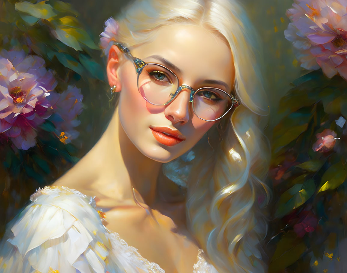 Blonde woman in cat-eye glasses with soft-focus flowers and white outfit