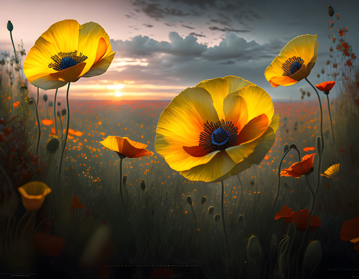 Serene sunset with vibrant poppies in a field