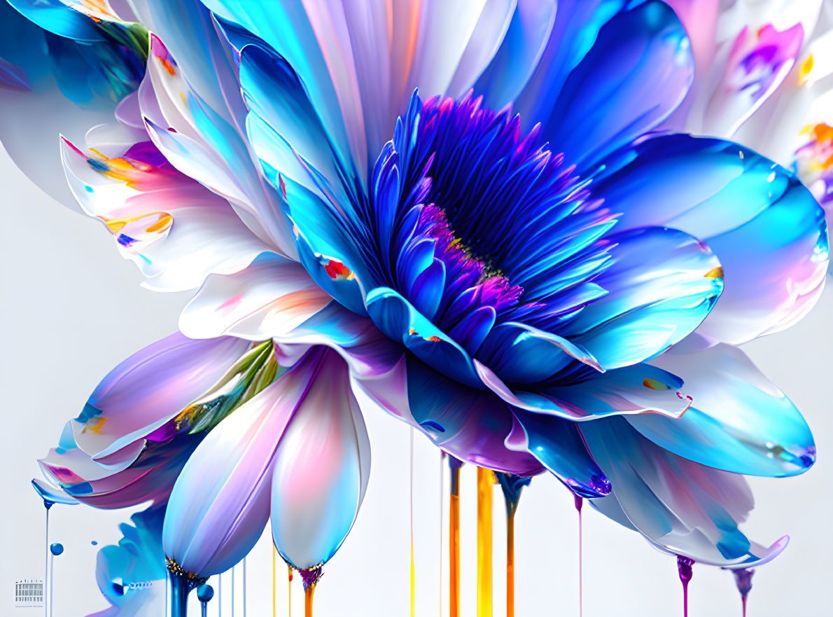 Colorful digital artwork: Large flower with iridescent petals and melting drips